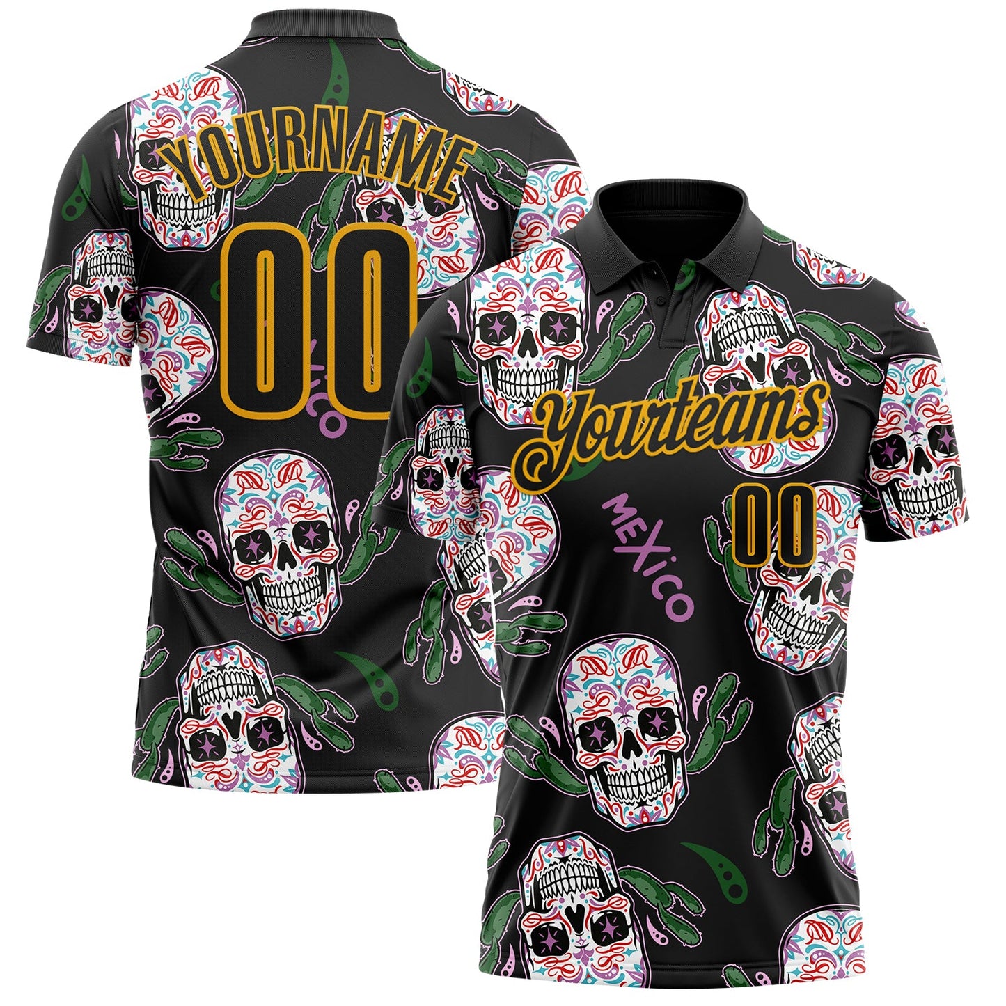 Custom Black-Gold Day of the Dead Mexican Sugar Skull Performance Polo Shirt