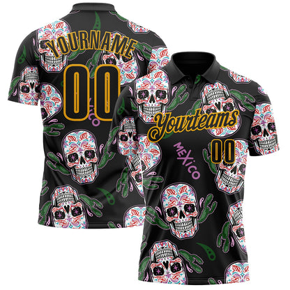 Custom Black-Gold Day of the Dead Mexican Sugar Skull Performance Polo Shirt