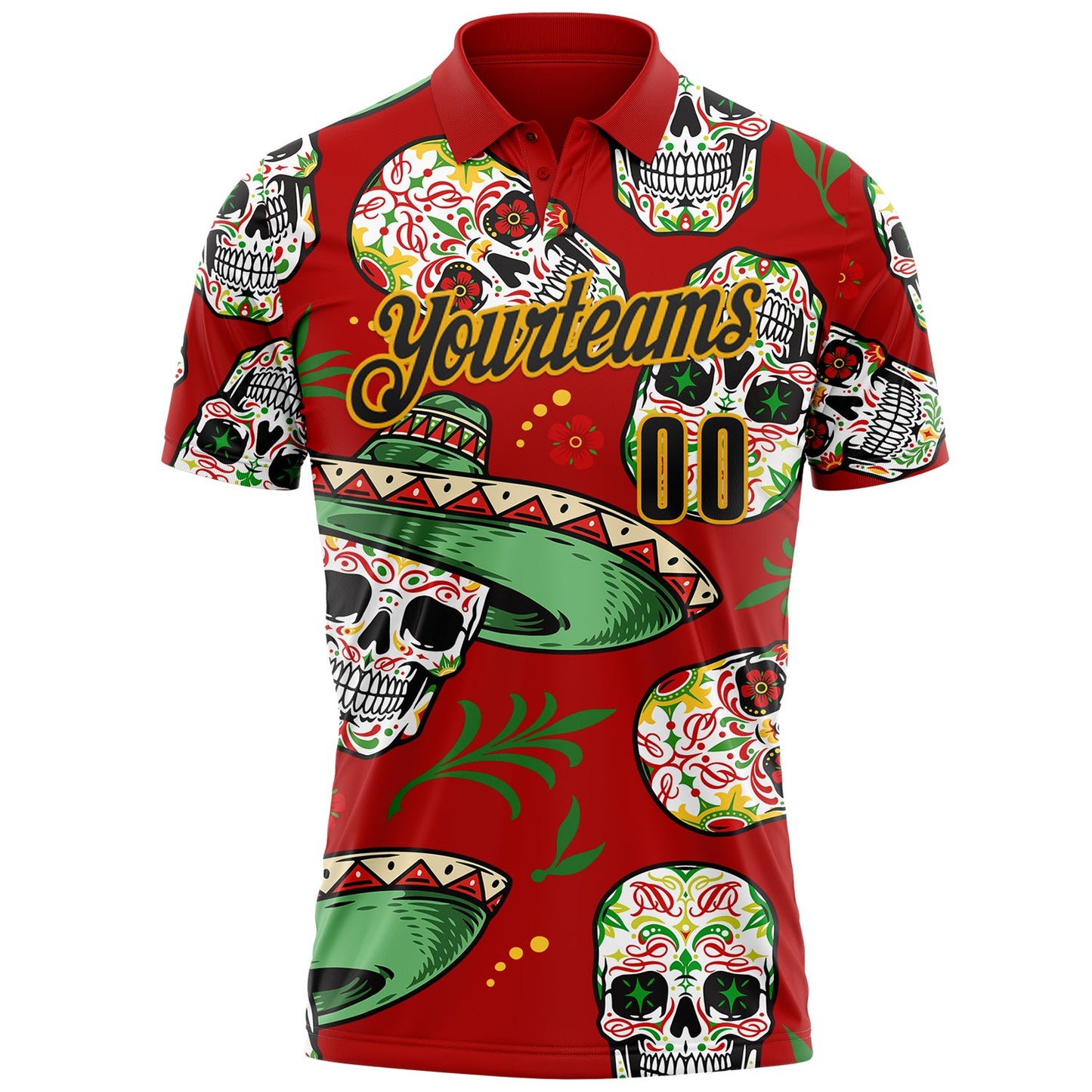 Custom Red Black-Gold Day of the Dead Mexican Sugar Skull Performance Polo Shirt