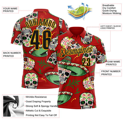 Custom Red Black-Gold Day of the Dead Mexican Sugar Skull Performance Polo Shirt