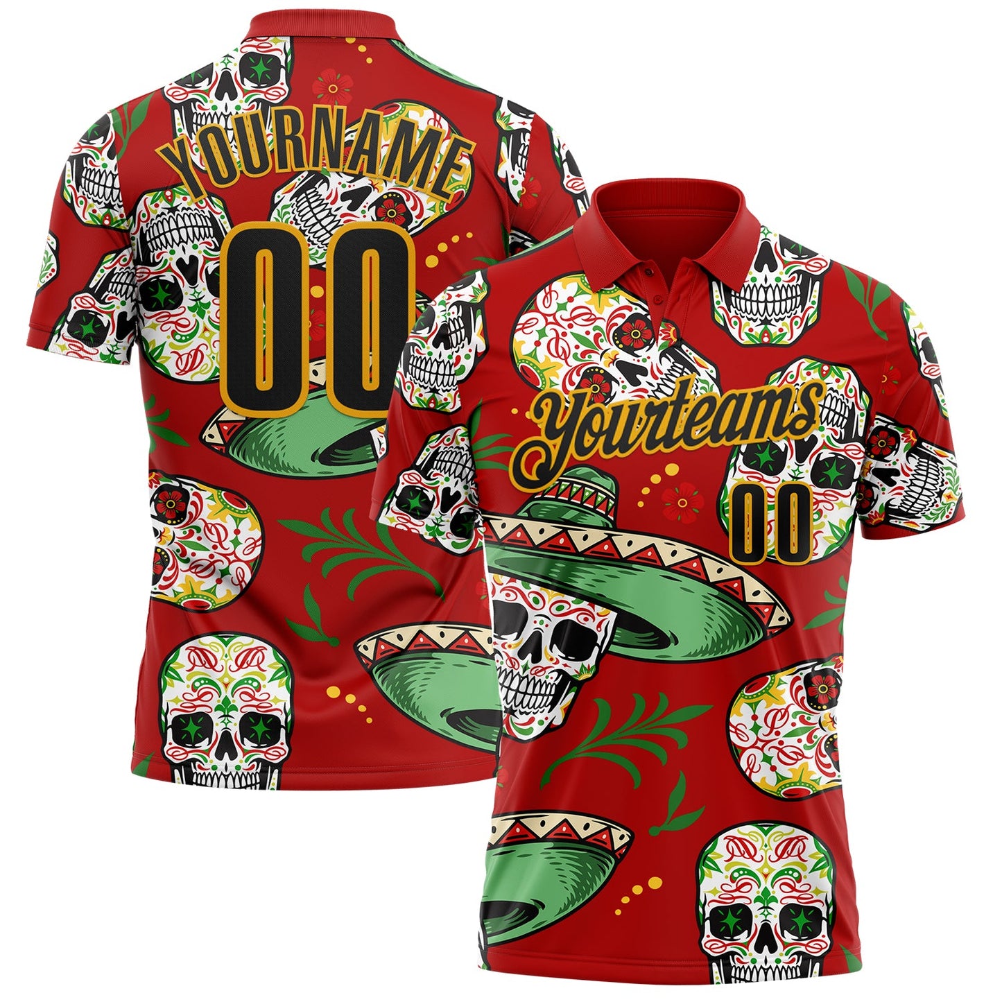 Custom Red Black-Gold Day of the Dead Mexican Sugar Skull Performance Polo Shirt