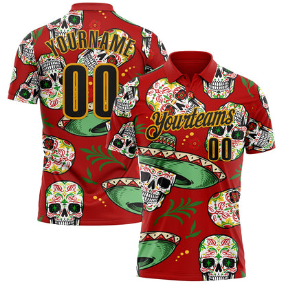 Custom Red Black-Gold Day of the Dead Mexican Sugar Skull Performance Polo Shirt