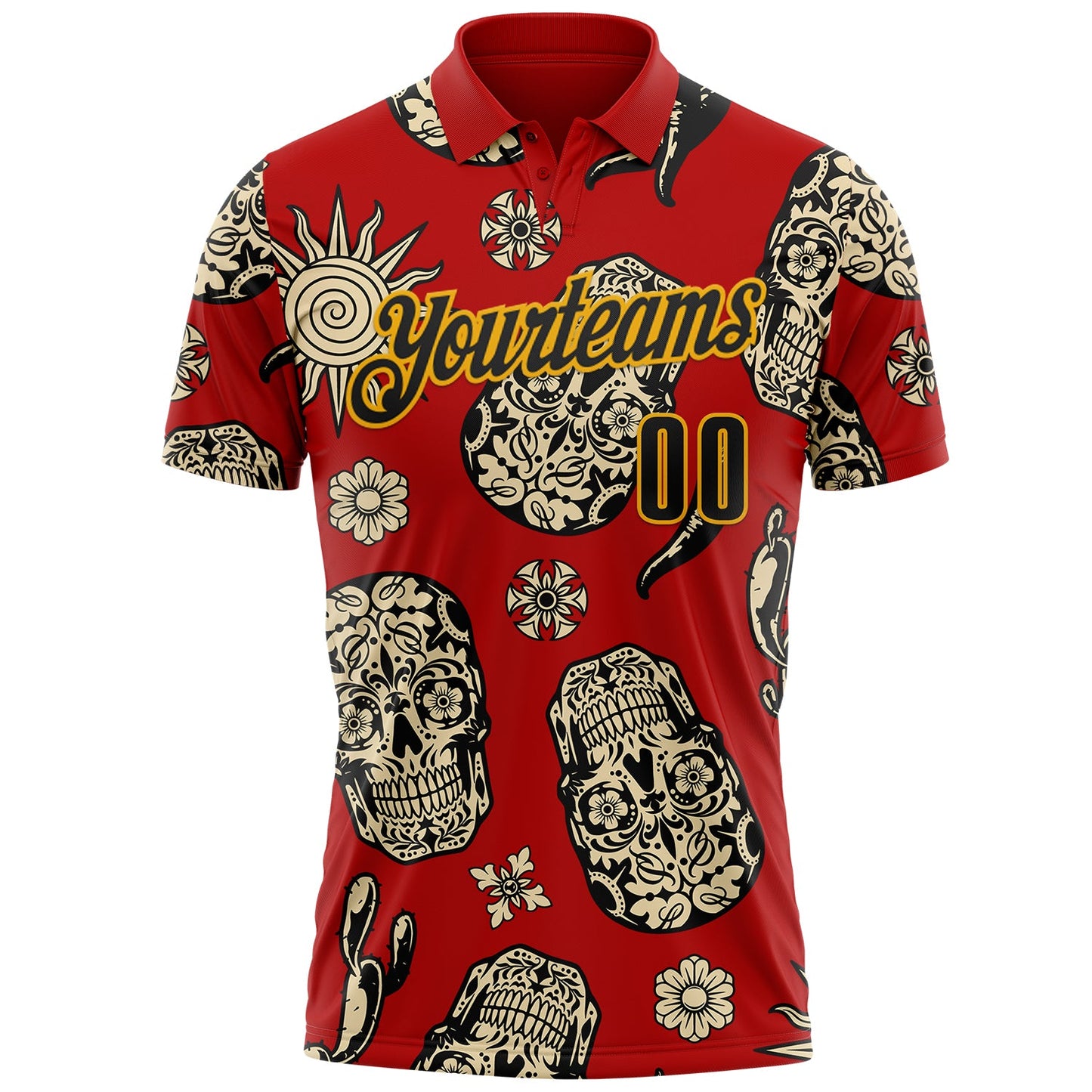 Custom Red Black-Gold Day of the Dead Mexican Sugar Skull Performance Polo Shirt