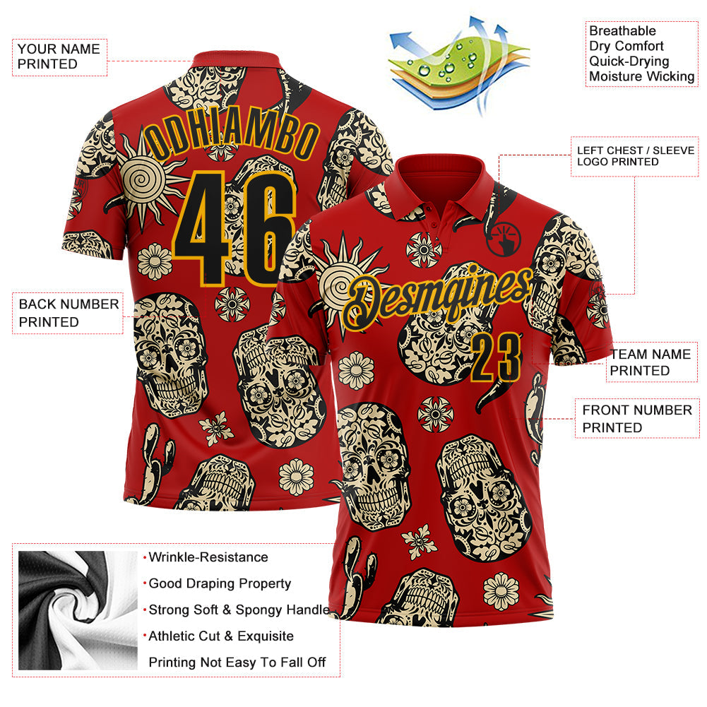 Custom Red Black-Gold Day of the Dead Mexican Sugar Skull Performance Polo Shirt