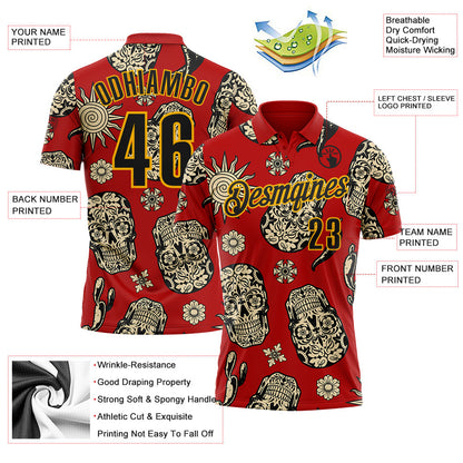 Custom Red Black-Gold Day of the Dead Mexican Sugar Skull Performance Polo Shirt