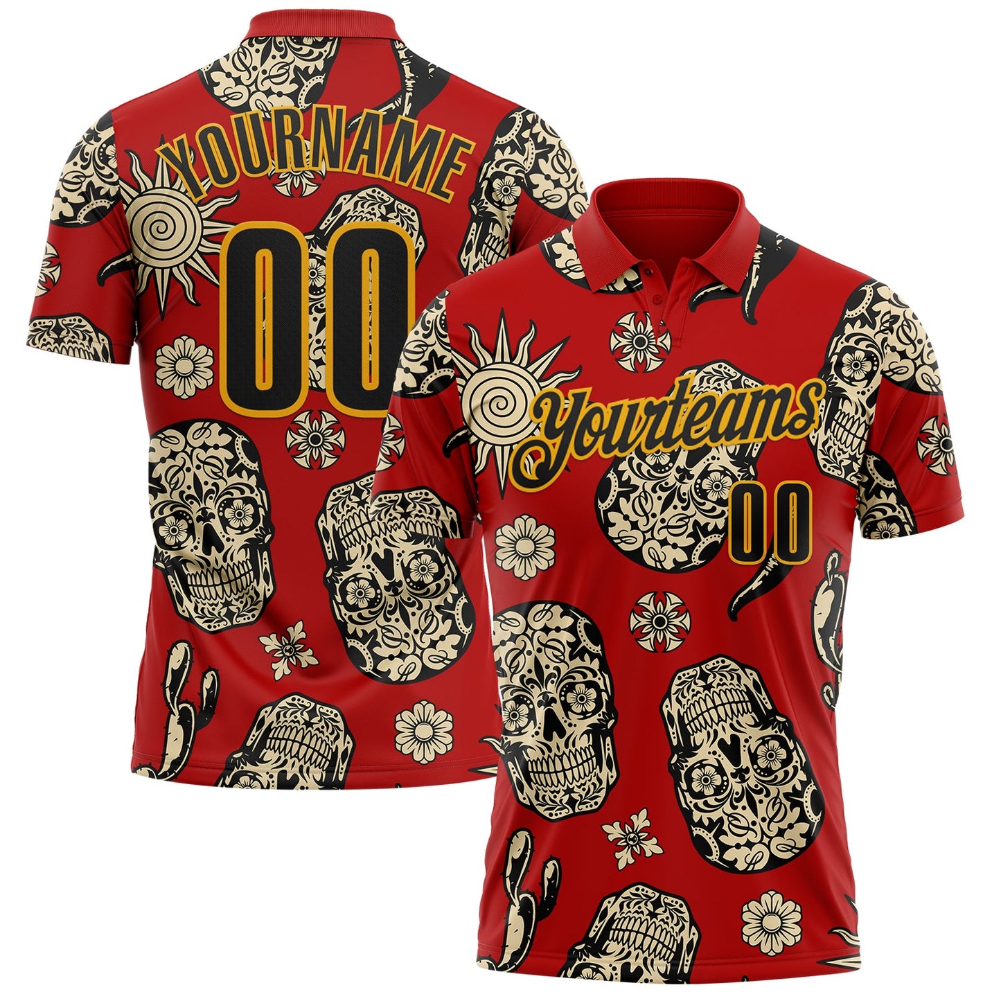 Custom Red Black-Gold Day of the Dead Mexican Sugar Skull Performance Polo Shirt