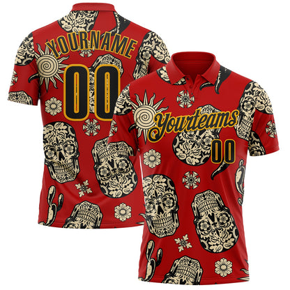 Custom Red Black-Gold Day of the Dead Mexican Sugar Skull Performance Polo Shirt