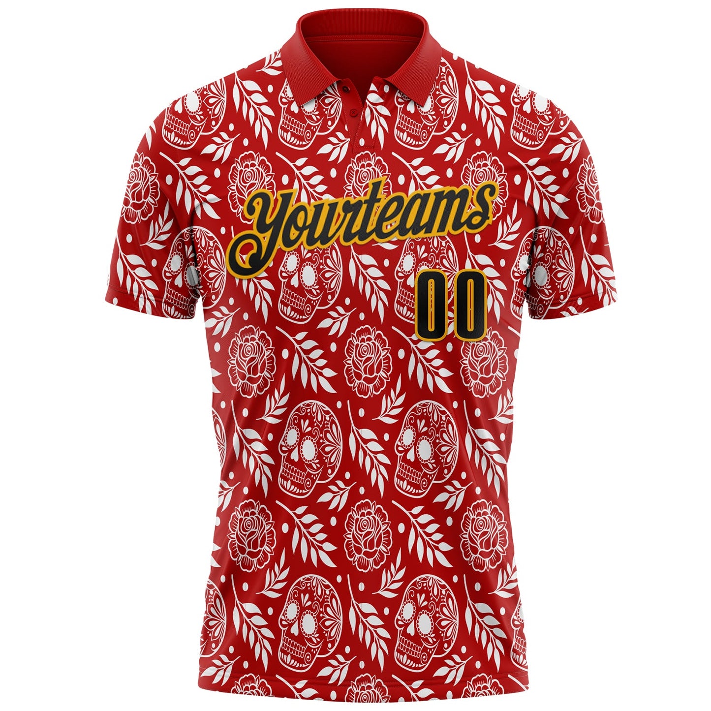 Custom Red Black-Gold Day of the Dead Mexican Sugar Skull Performance Polo Shirt