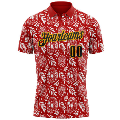 Custom Red Black-Gold Day of the Dead Mexican Sugar Skull Performance Polo Shirt