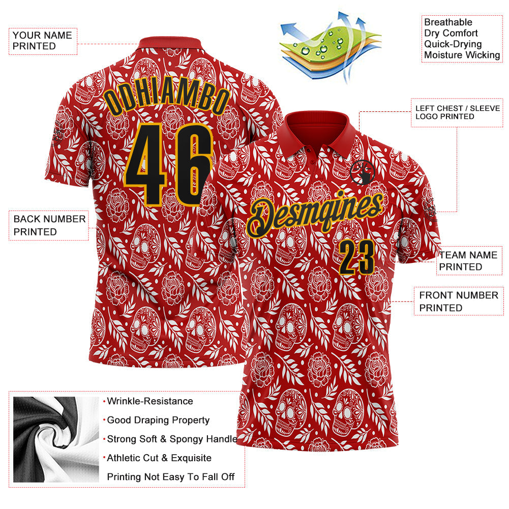Custom Red Black-Gold Day of the Dead Mexican Sugar Skull Performance Polo Shirt