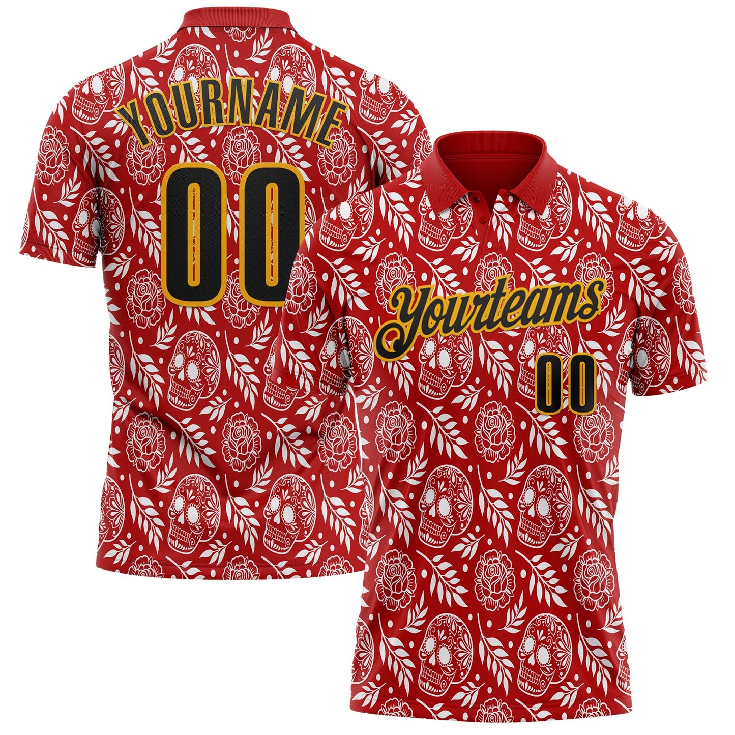 Custom Red Black-Gold Day of the Dead Mexican Sugar Skull Performance Polo Shirt