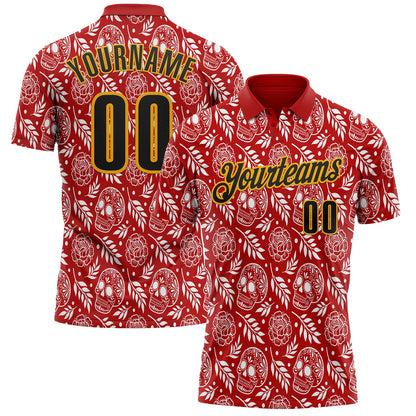 Custom Red Black-Gold Day of the Dead Mexican Sugar Skull Performance Polo Shirt