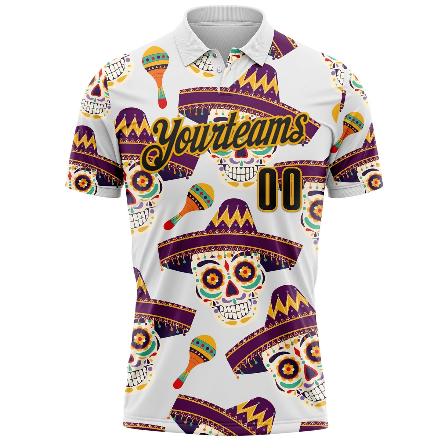 Custom White Black-Gold Day of the Dead Mexican Sugar Skull Performance Polo Shirt