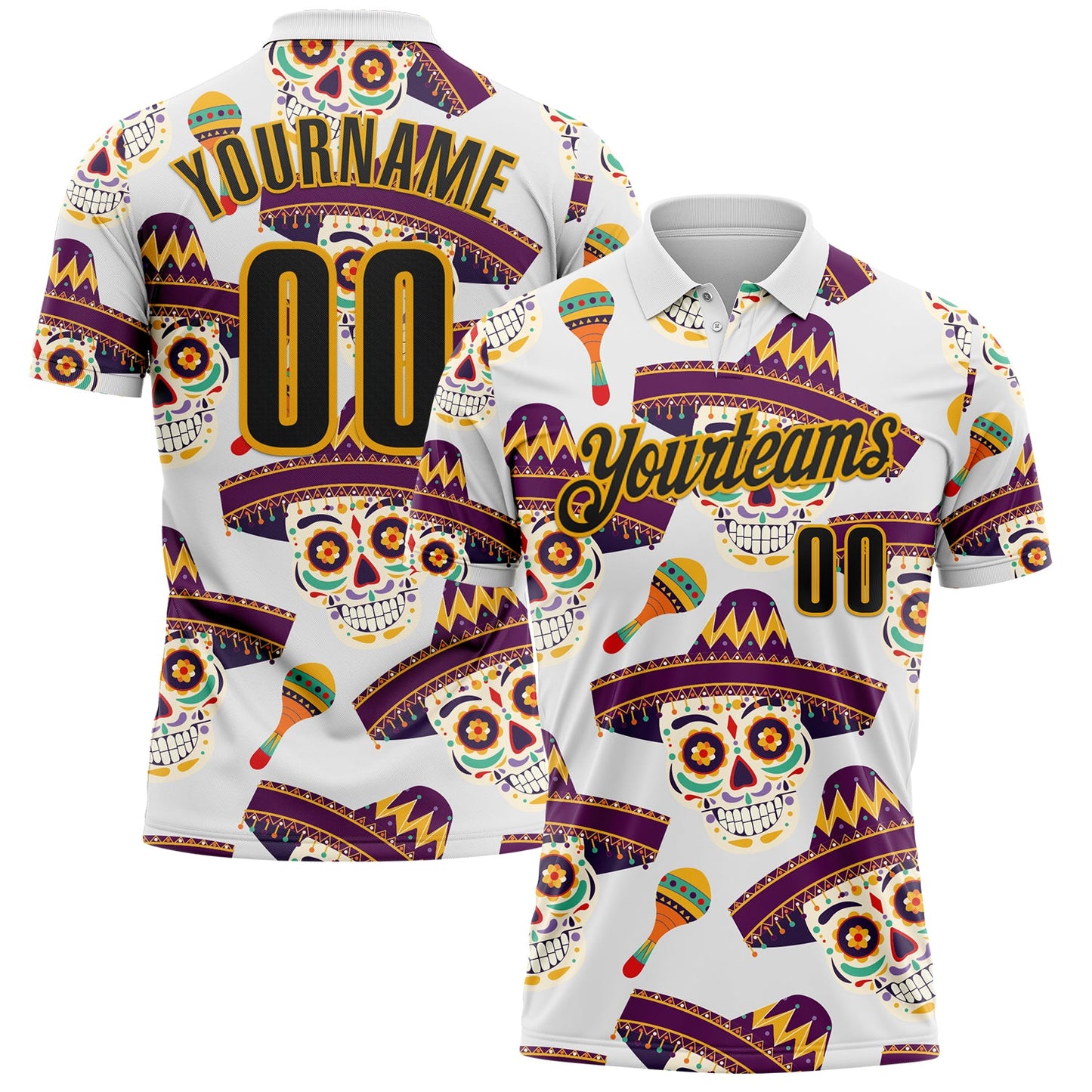 Custom White Black-Gold Day of the Dead Mexican Sugar Skull Performance Polo Shirt