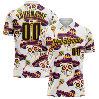 Custom White Black-Gold Day of the Dead Mexican Sugar Skull Performance Polo Shirt