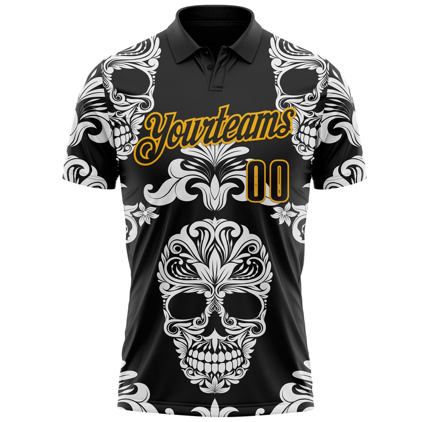 Custom Black-Gold Day of the Dead Mexican Sugar Skull Performance Polo Shirt