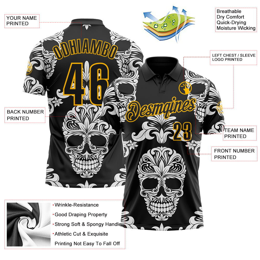 Custom Black-Gold Day of the Dead Mexican Sugar Skull Performance Polo Shirt