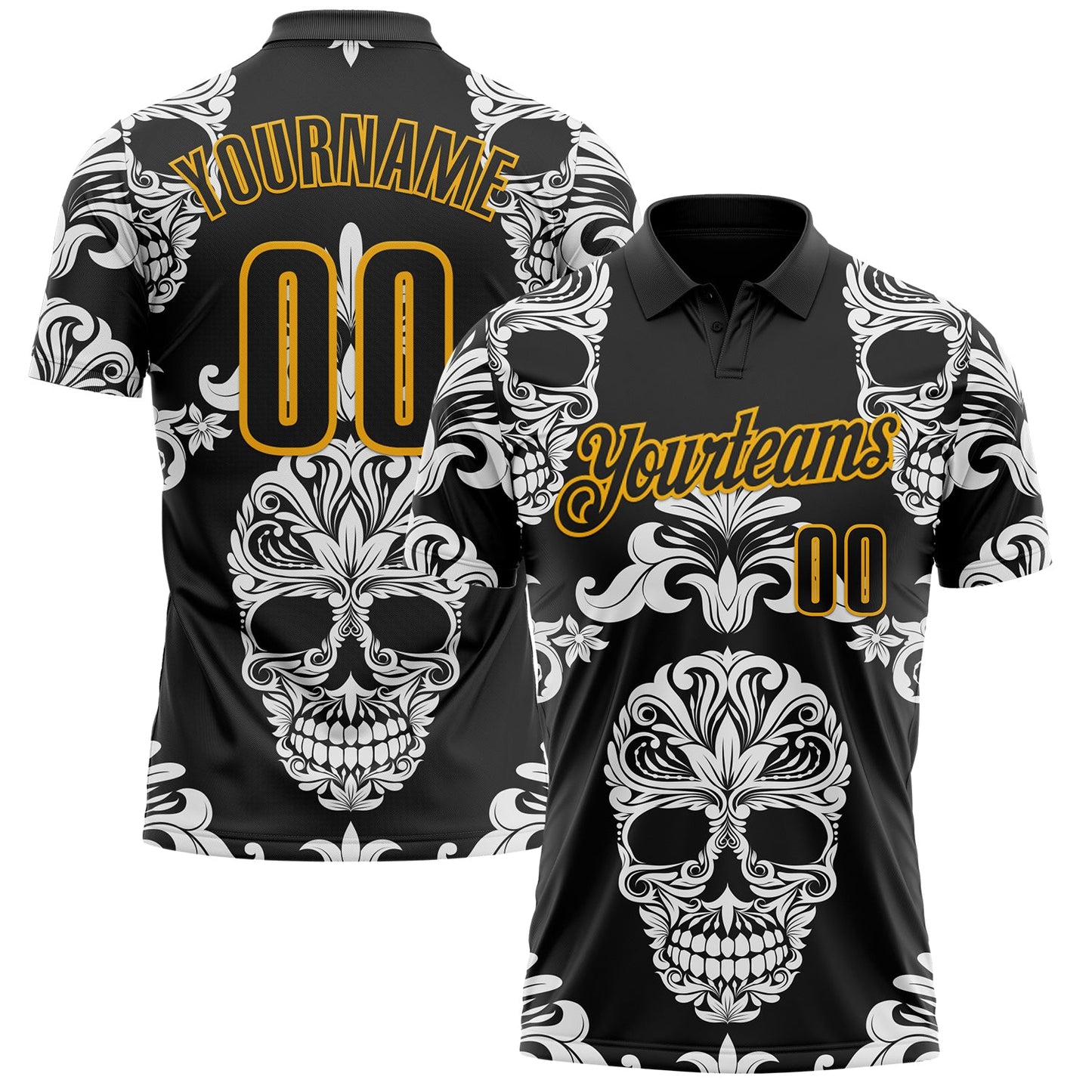 Custom Black-Gold Day of the Dead Mexican Sugar Skull Performance Polo Shirt