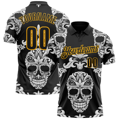 Custom Black-Gold Day of the Dead Mexican Sugar Skull Performance Polo Shirt