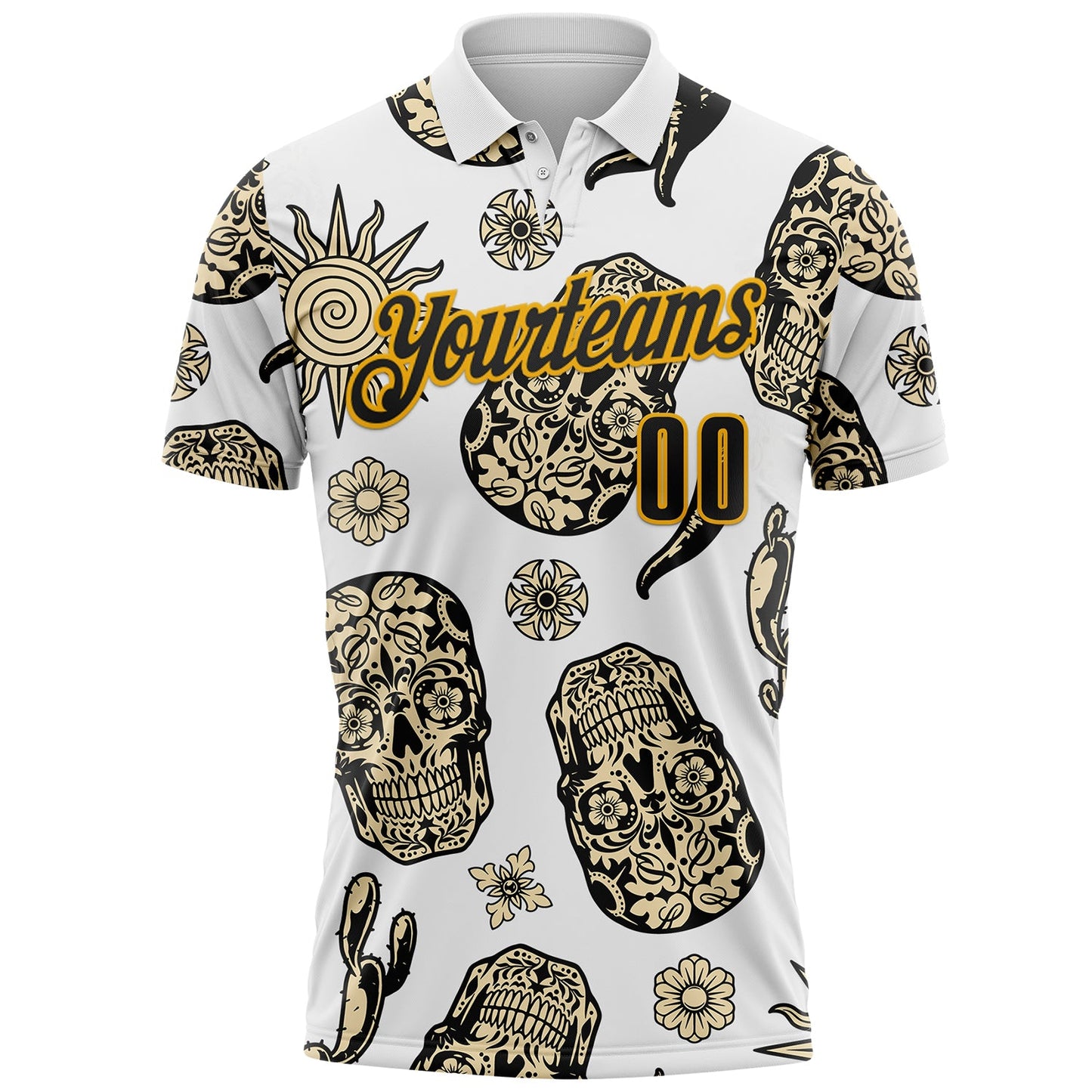 Custom White Black-Gold Day of the Dead Mexican Sugar Skull Performance Polo Shirt