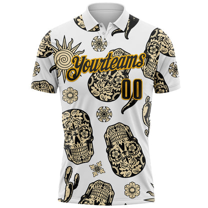 Custom White Black-Gold Day of the Dead Mexican Sugar Skull Performance Polo Shirt