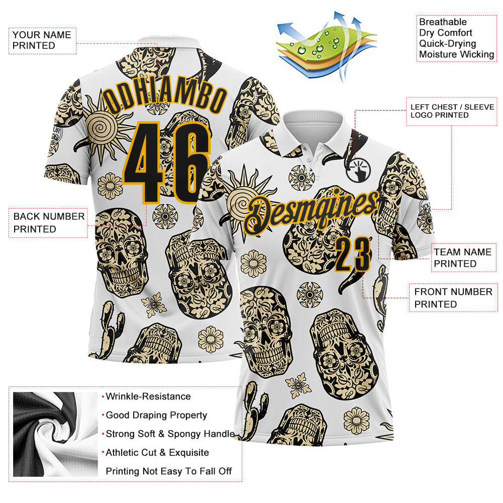 Custom White Black-Gold Day of the Dead Mexican Sugar Skull Performance Polo Shirt