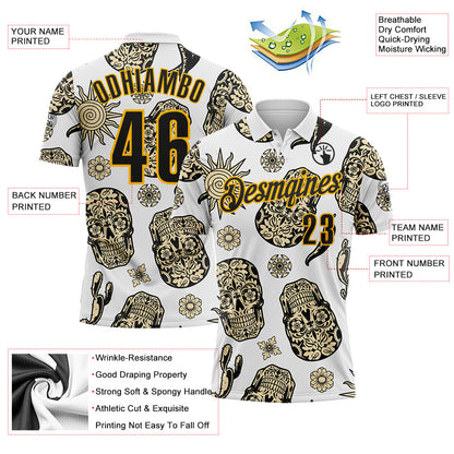 Custom White Black-Gold Day of the Dead Mexican Sugar Skull Performance Polo Shirt