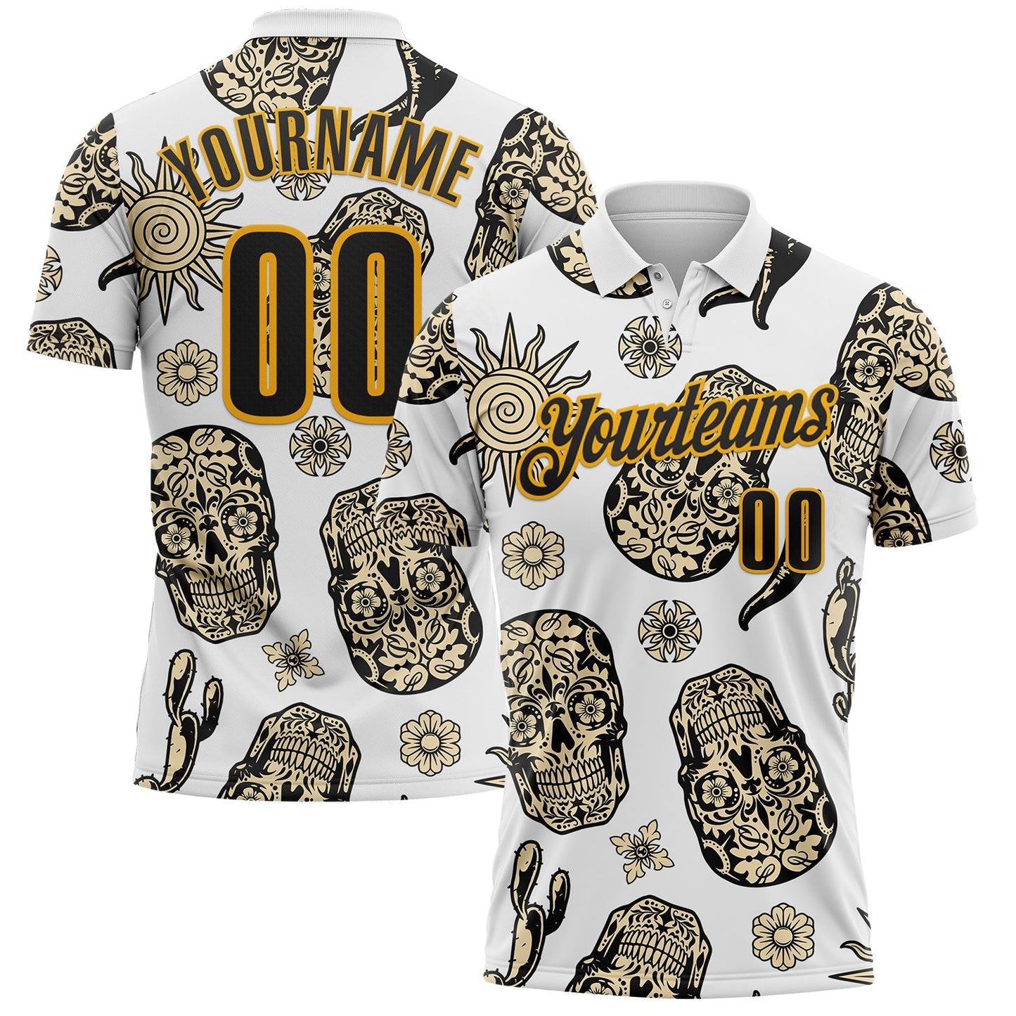 Custom White Black-Gold Day of the Dead Mexican Sugar Skull Performance Polo Shirt