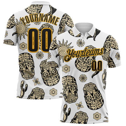 Custom White Black-Gold Day of the Dead Mexican Sugar Skull Performance Polo Shirt