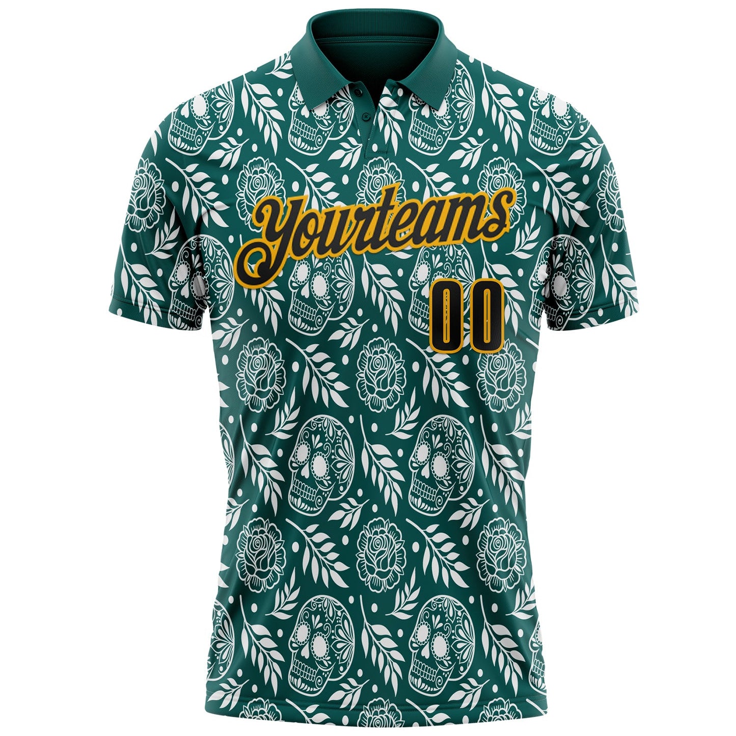 Custom Midnight Green Black-Gold Day of the Dead Mexican Sugar Skull Performance Polo Shirt