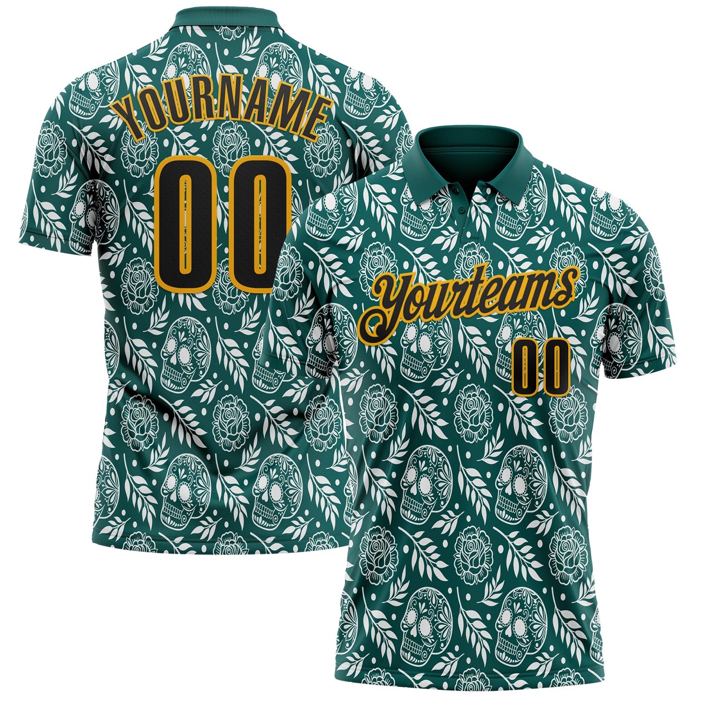 Custom Midnight Green Black-Gold Day of the Dead Mexican Sugar Skull Performance Polo Shirt