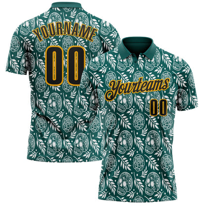 Custom Midnight Green Black-Gold Day of the Dead Mexican Sugar Skull Performance Polo Shirt