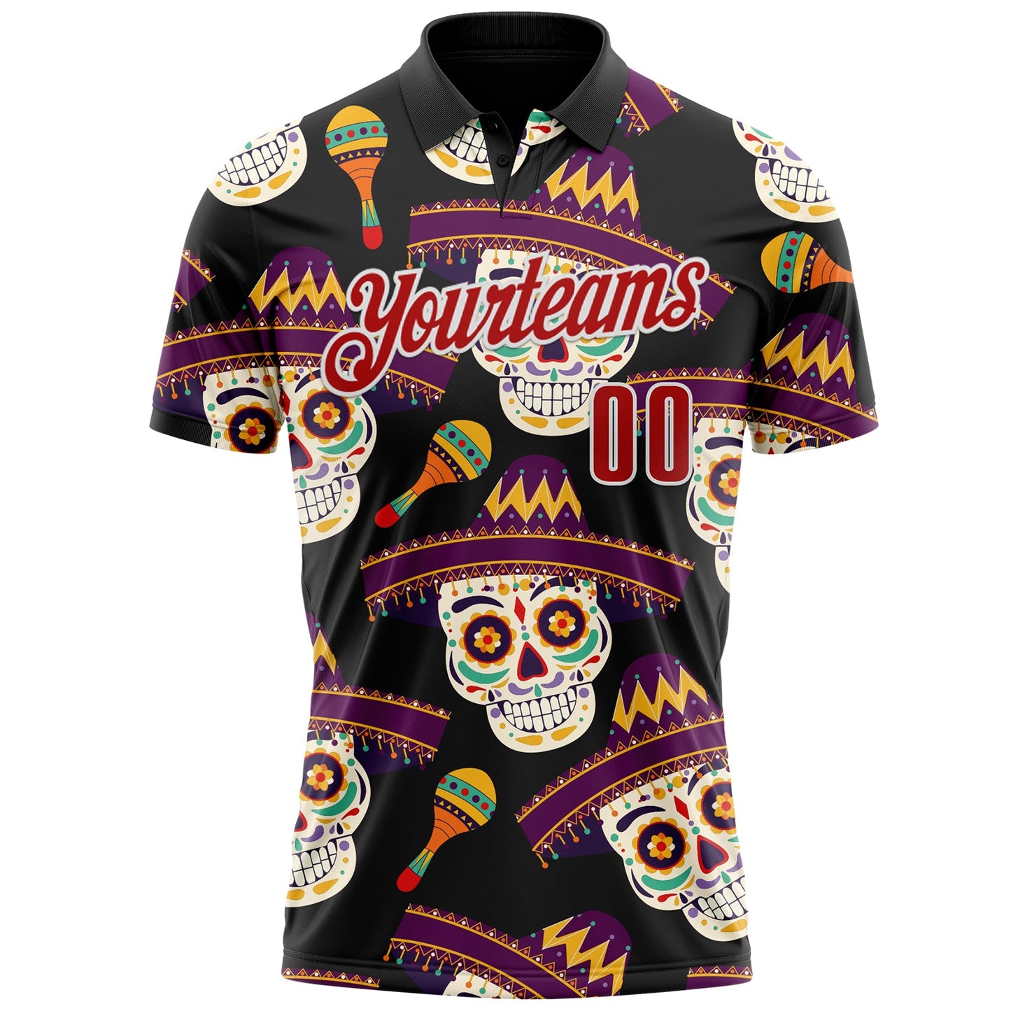 Custom Black Red-White Day of the Dead Mexican Sugar Skull Performance Polo Shirt