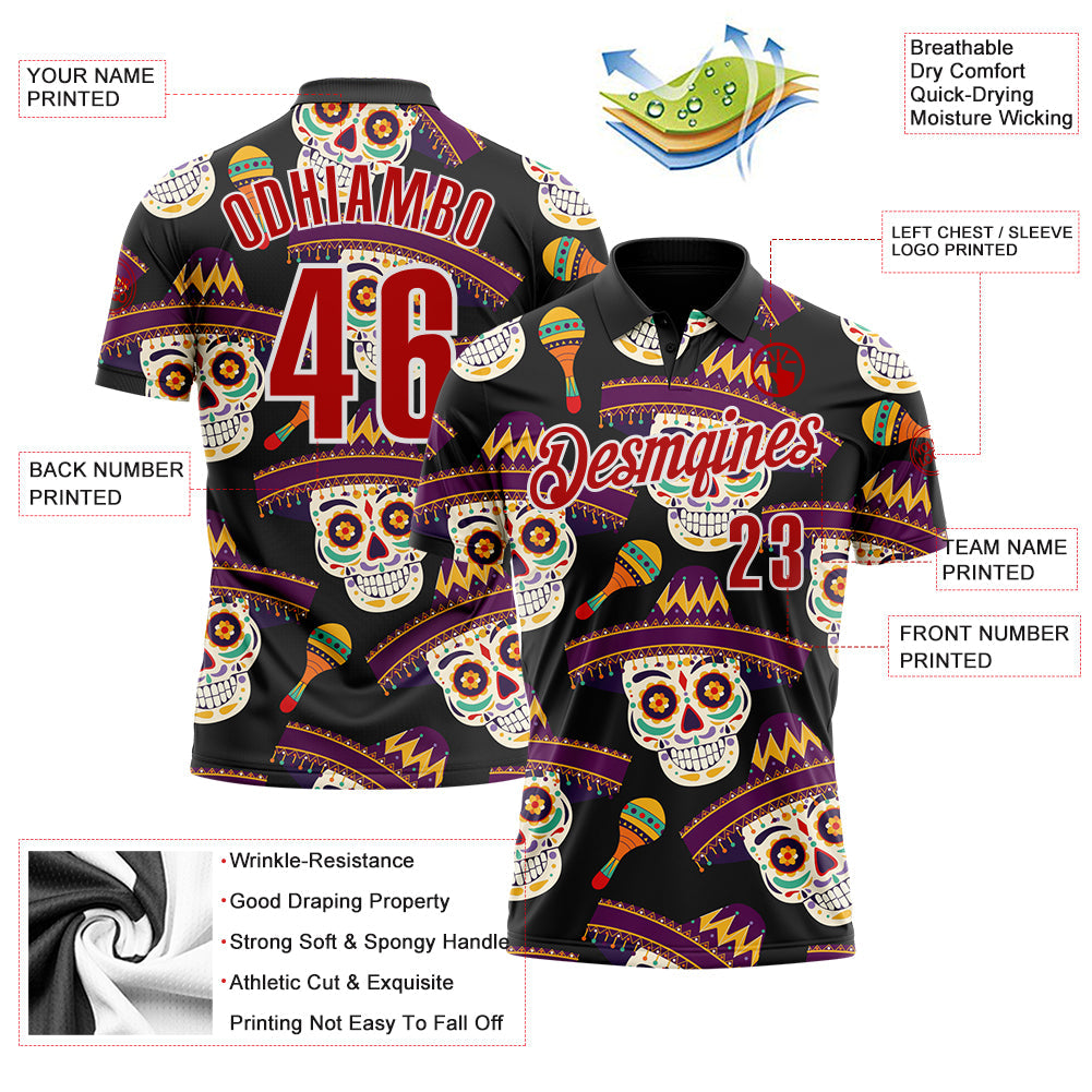Custom Black Red-White Day of the Dead Mexican Sugar Skull Performance Polo Shirt