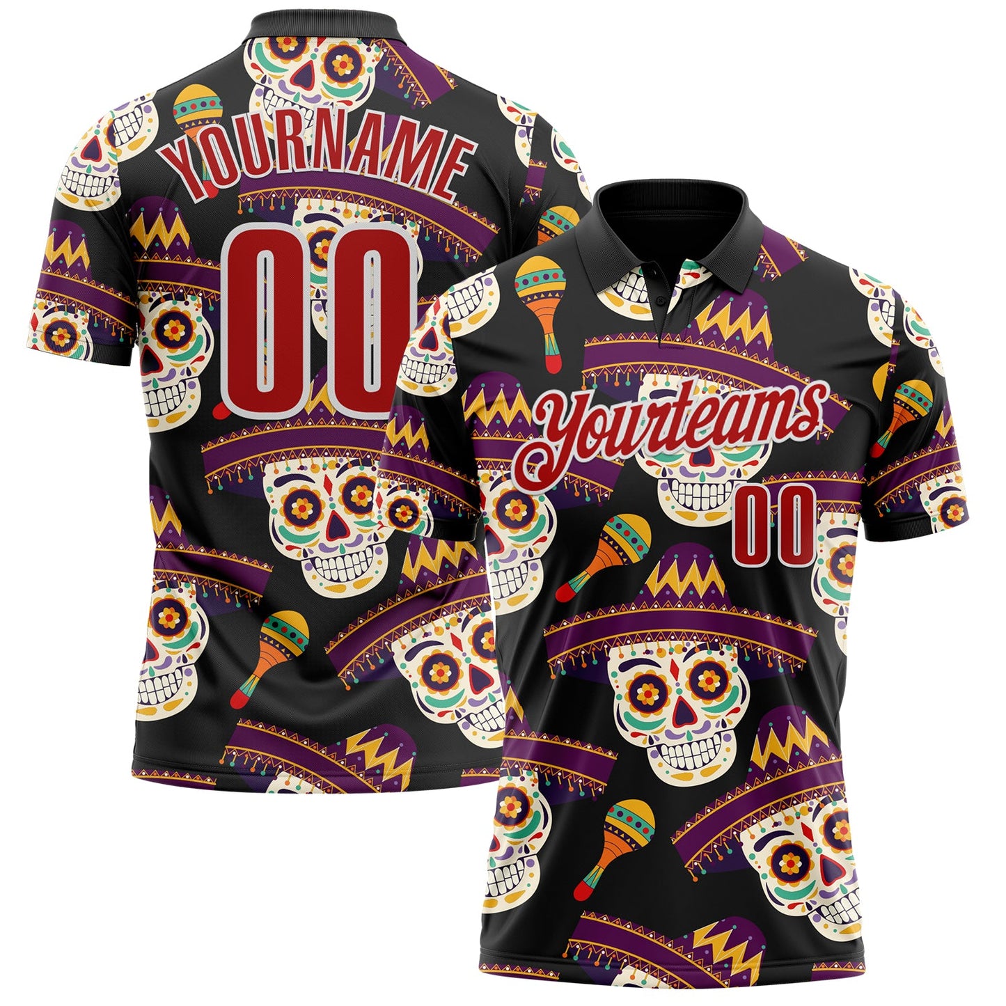 Custom Black Red-White Day of the Dead Mexican Sugar Skull Performance Polo Shirt