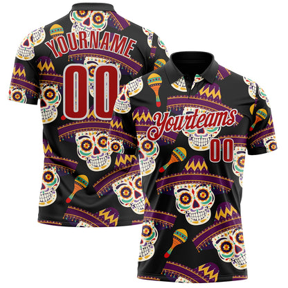 Custom Black Red-White Day of the Dead Mexican Sugar Skull Performance Polo Shirt