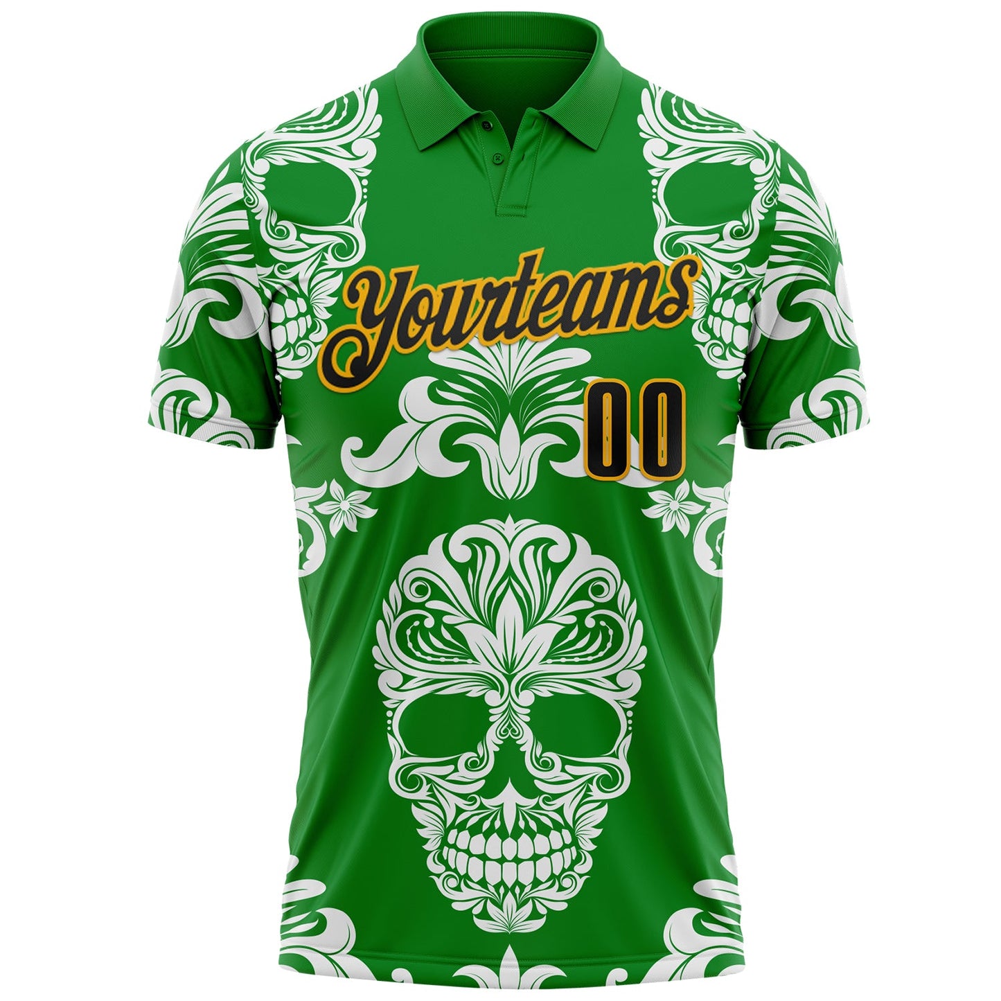 Custom Grass Green Black-Gold Day of the Dead Mexican Sugar Skull Performance Polo Shirt