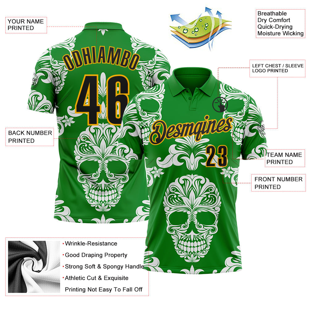 Custom Grass Green Black-Gold Day of the Dead Mexican Sugar Skull Performance Polo Shirt