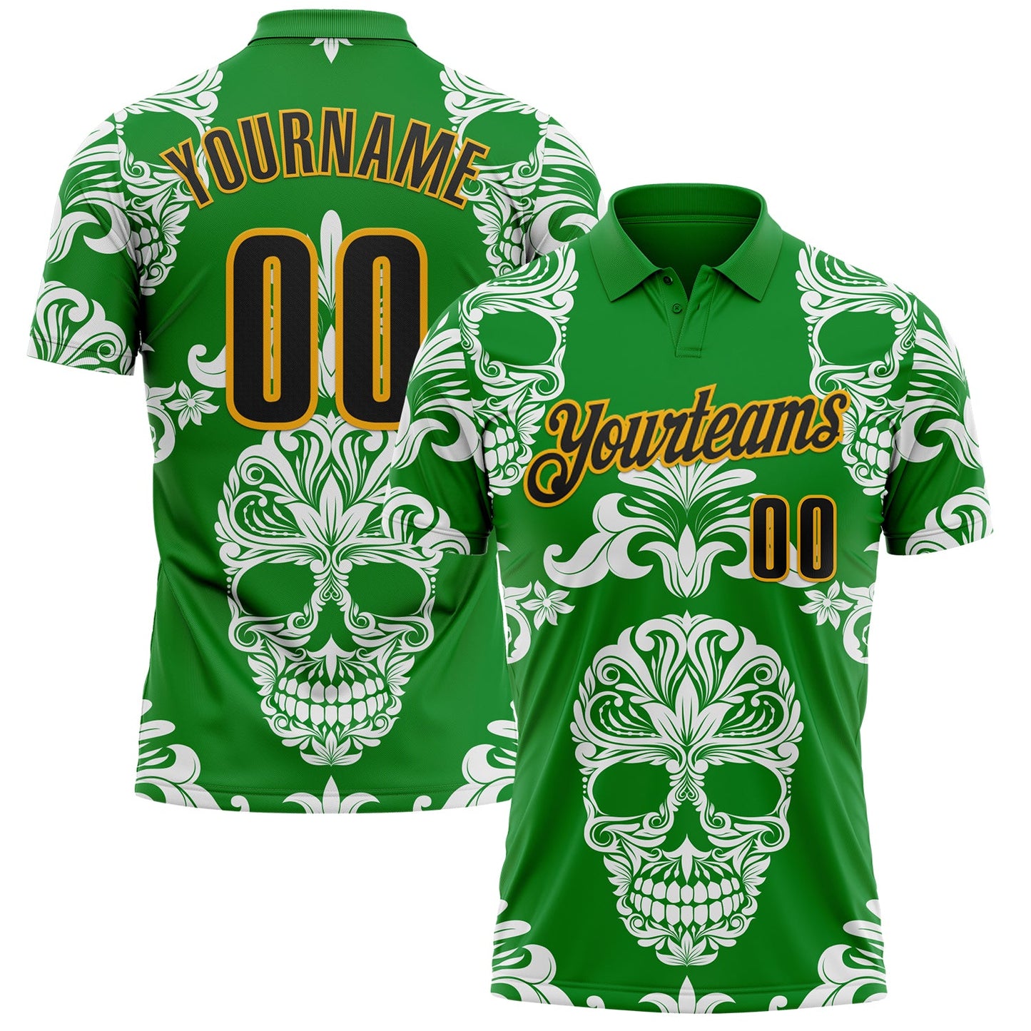 Custom Grass Green Black-Gold Day of the Dead Mexican Sugar Skull Performance Polo Shirt