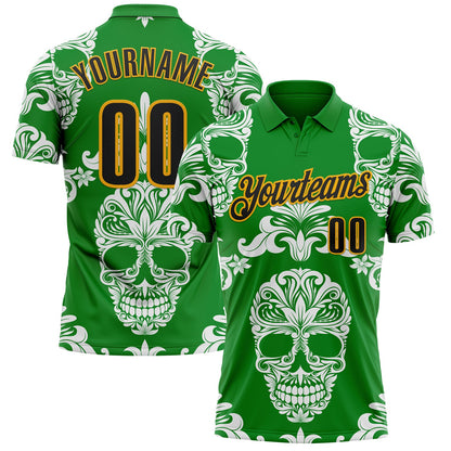 Custom Grass Green Black-Gold Day of the Dead Mexican Sugar Skull Performance Polo Shirt