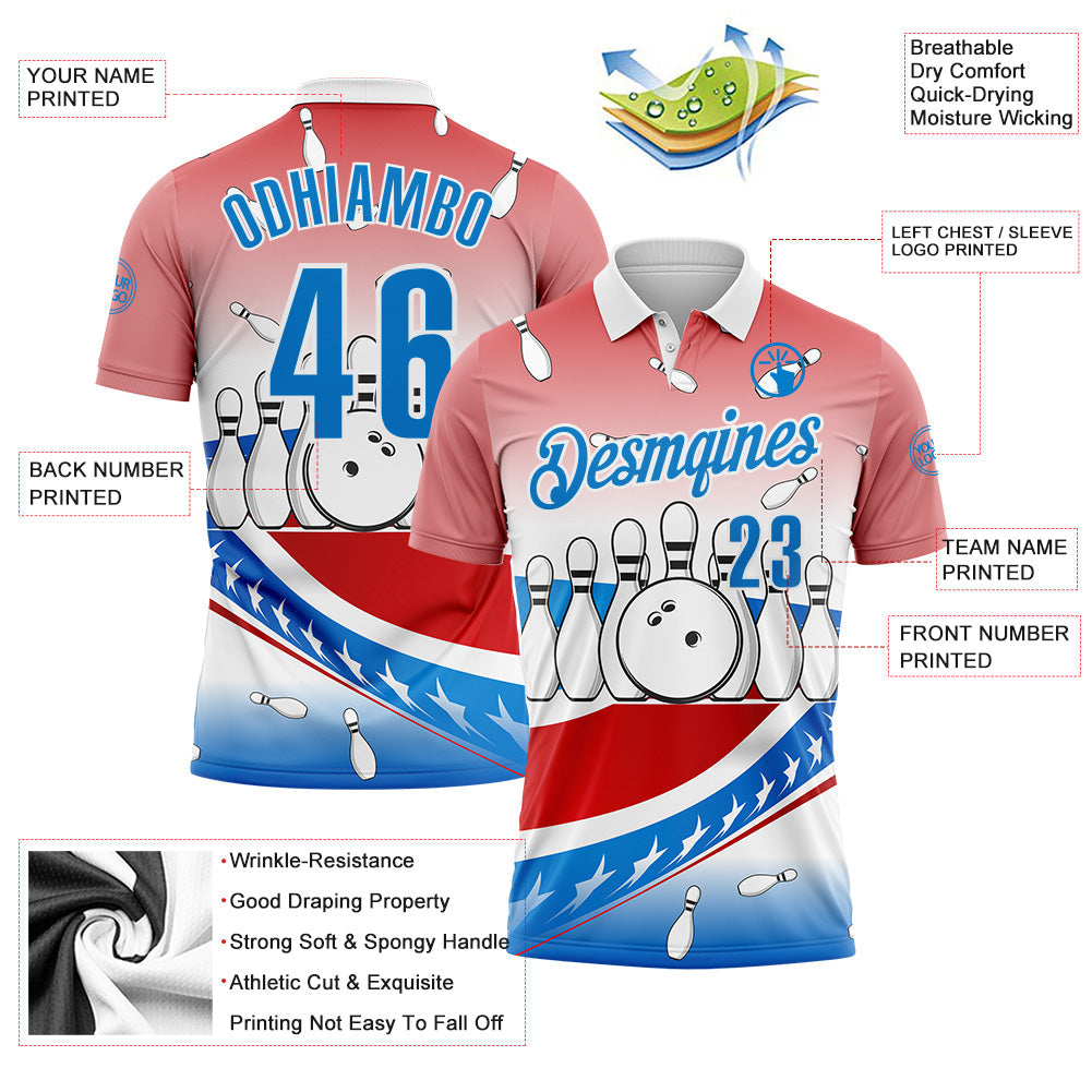 Custom Red Blue-White Bowling American Flag Gradient Performance Polo Shirt