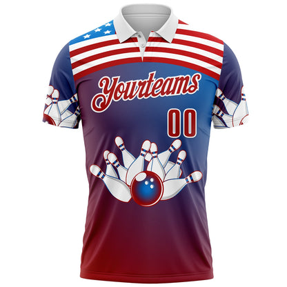 Custom Blue Red-White Bowling Strike American Flag Gradient Performance Polo Shirt