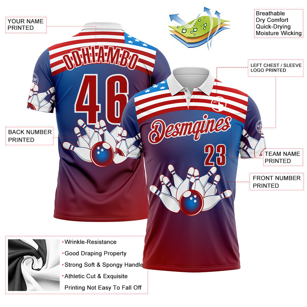 Custom Blue Red-White Bowling Strike American Flag Gradient Performance Polo Shirt