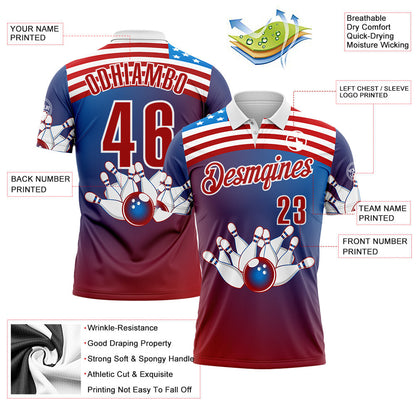 Custom Blue Red-White Bowling Strike American Flag Gradient Performance Polo Shirt