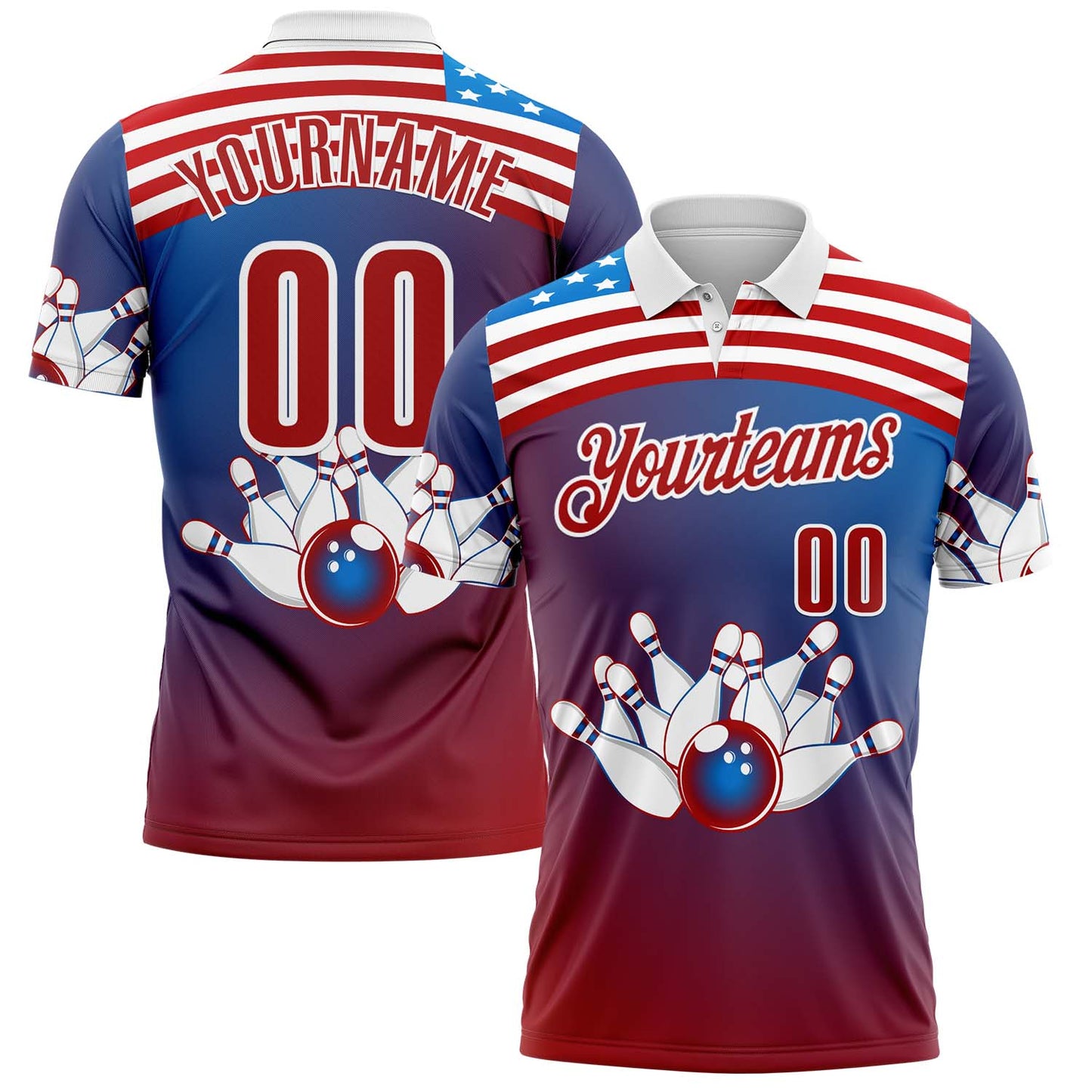 Custom Blue Red-White Bowling Strike American Flag Gradient Performance Polo Shirt