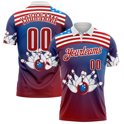 Custom Blue Red-White Bowling Strike American Flag Gradient Performance Polo Shirt