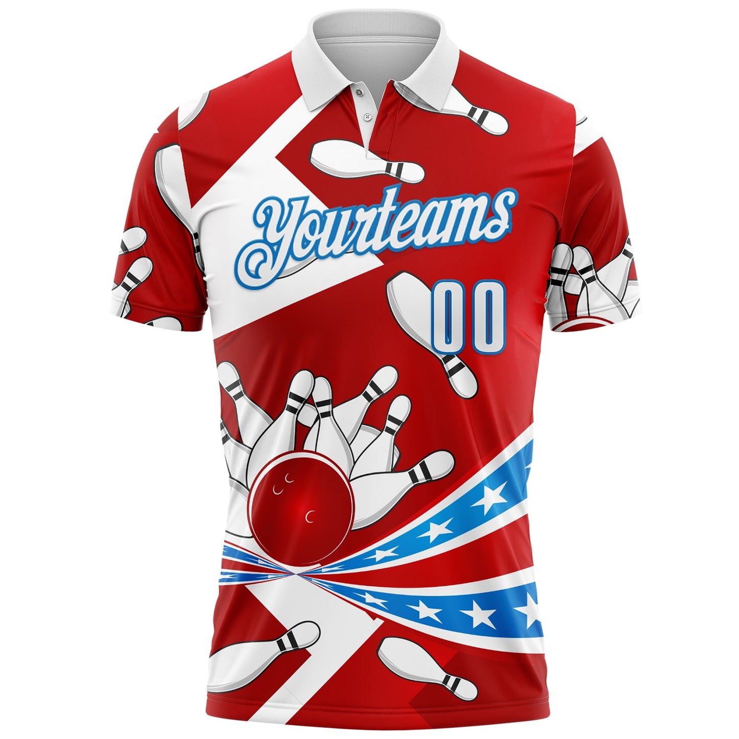 Custom Red White-Blue Bowling Strike American Flag Performance Polo Shirt