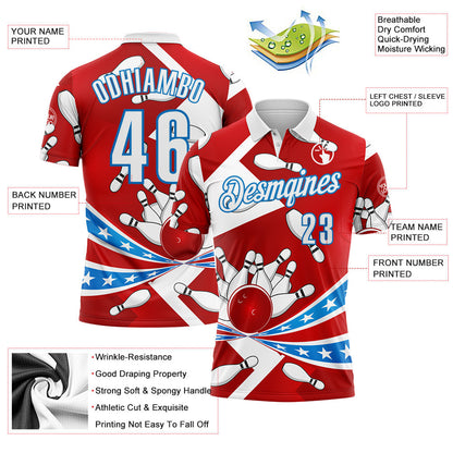 Custom Red White-Blue Bowling Strike American Flag Performance Polo Shirt