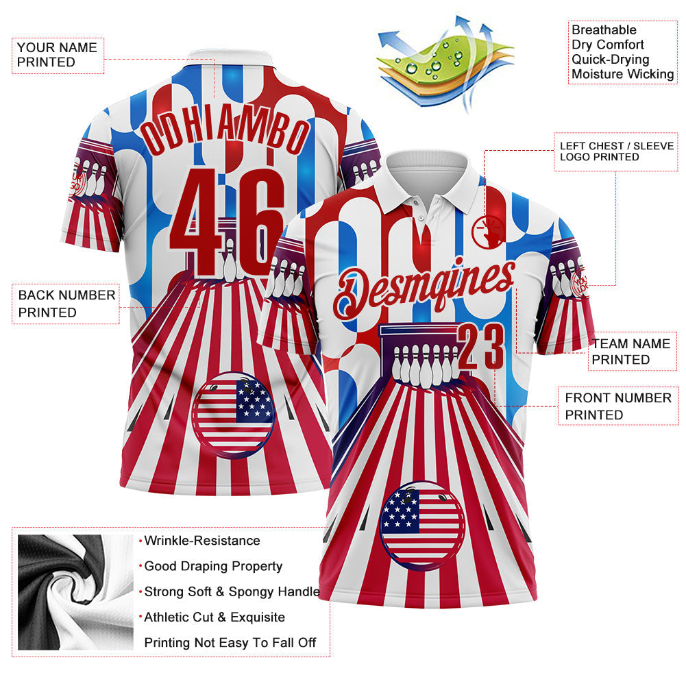Custom White Red-Blue Bowling American Flag Performance Polo Shirt