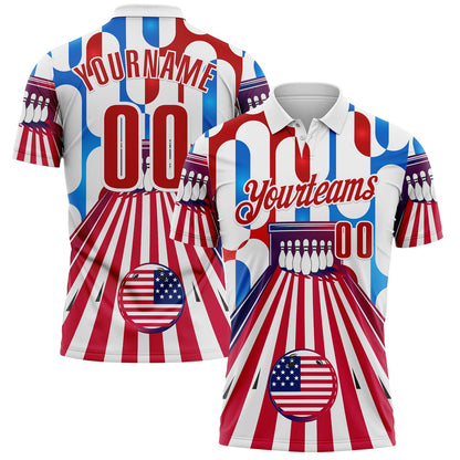 Custom White Red-Blue Bowling American Flag Performance Polo Shirt